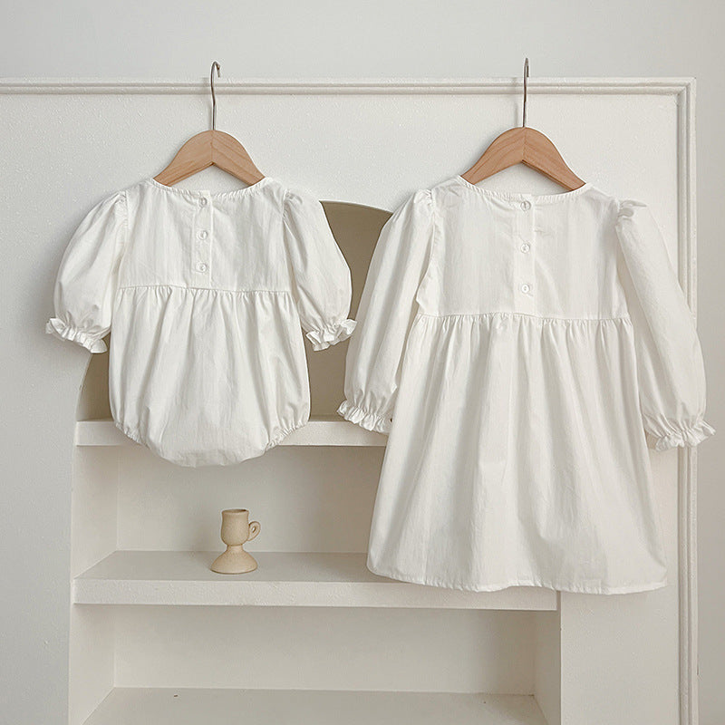 Spring/Autumn Baby Onesies And Dress For Girls With White Lace Trim ā Princess Sister Matching Set-1