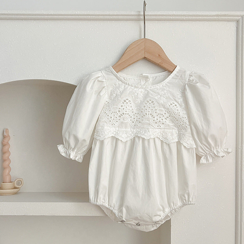 Spring/Autumn Baby Onesies And Dress For Girls With White Lace Trim ā Princess Sister Matching Set-2