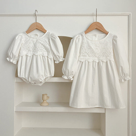 Spring/Autumn Baby Onesies And Dress For Girls With White Lace Trim – Princess Sister Matching Set-0